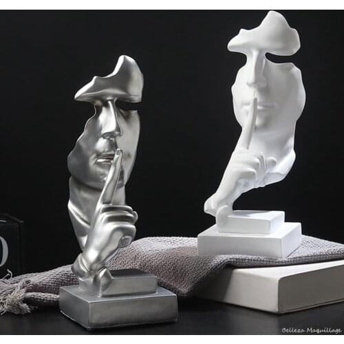 31cm Resin Silence is Golden Mask Statue Abstract Ornaments Statuettes Sculpture Craft for Office Vintage Home Decoration