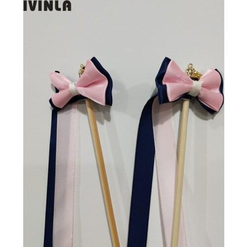 50pcs/lot navy and pink wedding ribbon sticks With gold Bells for wedding decoration