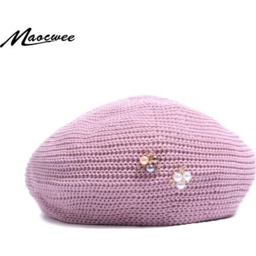 2019 new womens pearl rhinestone beret retro literary solid color painter hat spring and summer breathable adjustable beret