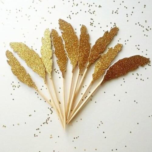GLITTER gold feathers Cupcake Toppers bridal Shower birthday wedding Bachelorette party treat pennant food picks decoration