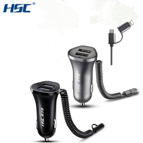 HSC HSC-104 2.4A Dual USB Spring Line 130cm Charger Fast Car Charger Smart Charger Adapter 12V-24V for Android for Hot