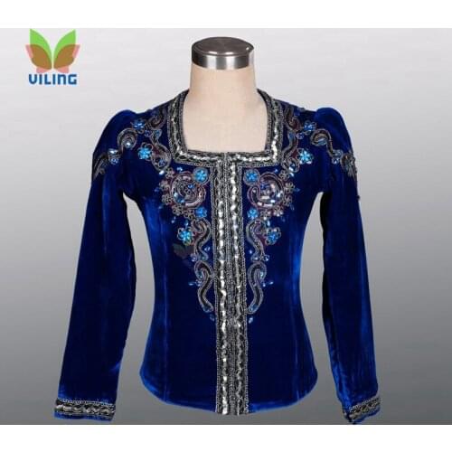 Royal blue velvet mens ballet men costumes Princes clothing performance recital competition mans top tunic jacket outwear
