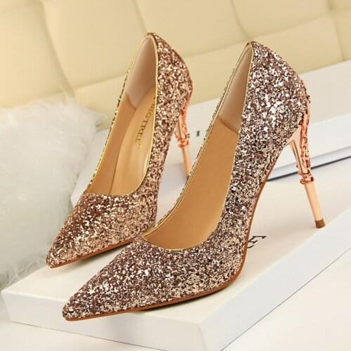 2021 new womens Shoes Sexy nightclub womens shoes metal heel slim heel high heel shallow mouth pointed sequins single shoes