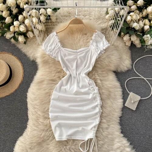 Ribbed Bodycon Sexy Party Dress Fashion Streetwear Solid Square Collar Short Sleeve Ruched Drawstring Knitted Women Summer Dress