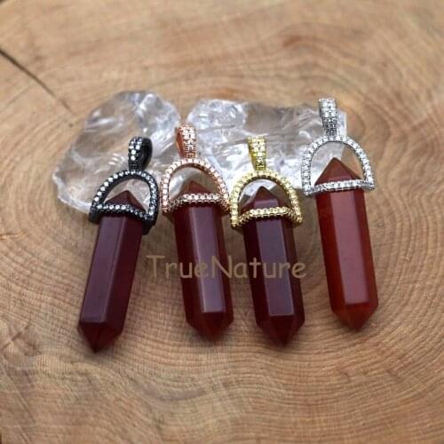 Wholesale Point Pendant Jewelry Red Agates Hexagon Nugget Double Terminated Micro Pave Cap For Jewelry Made In 45*10 mm PM7417