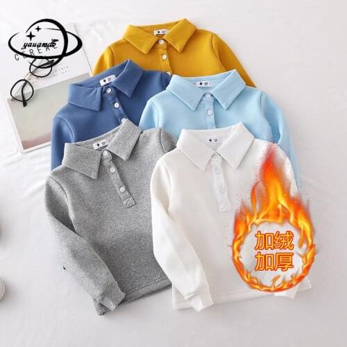 3-11y Kids Polo Shirts Autumn Winter Boy Girl Tops Tees Long Sleeve Solid Color Add Wool Warm Comfortable Children Clothes H28