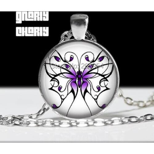 Steampunk Handmade Movie PURPLE BUTTERFLY Necklace 1pcs/lot Bronze Or Steel Glass Pendant Jewelry Gift Men Chain Nice Women