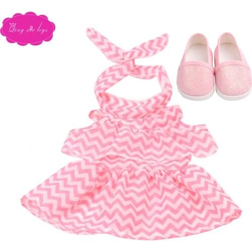 18 inch Girls doll dress Summer print dress + headband with shoes American newborn skirt Baby toys fit 43 cm baby dolls c504