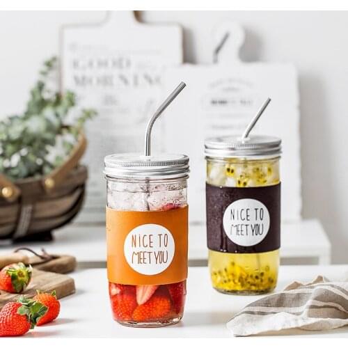 Simple glass large capacity with cover juice cup straw cold drink cup water cup creative lovely cup lovers cup