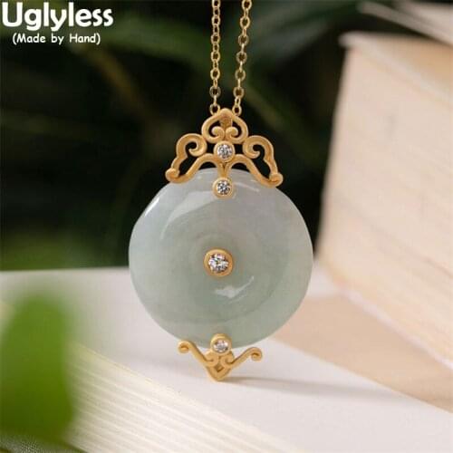Uglyless Peace Buttons Natural Jadeite Pendants for Women Hollow Vintage Ethnic Necklaces NO Chain 925 Silver Crystals Jewelry