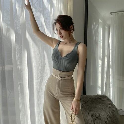 Sexy V Neck Ribbed Knit Bodysuit Women Sleeveless Tank Top Bodysuit T Shirt Body Overalls for Woman