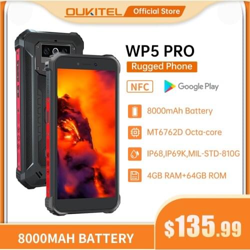 OUKITEL WP5 Pro IP68 Waterproof Smartphone 8000mAh Triple Camera Face/Fingerprint Unlock Android 10 5.5 inches 4GB 64GB Mobile