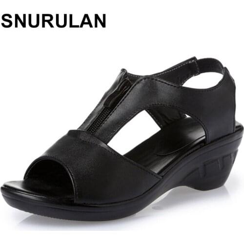 SNURULAN 2018 Women Old Mother Laides Female Sandals Shoes Cow Genuine Leather PU Beach Summer Cool Zipper Size 35-43 E566