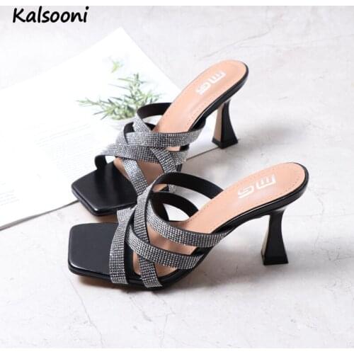 Kalsooni 2021 New Summer stiletto high heels womens Cross rhinestone strap sandals slippers