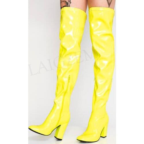 BERZIMER Women Over Knee Boots Side Zip 10CM Block Heels Thigh High Boots Botas Zapatos Ladies Shoes Woman Large Size 45 46 47