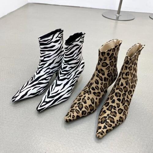 Zebra/Leopard Women Ankle Boots Chelsea Shoes Thin High Heels Pumps Pointed Toe Fashion Party Autumn Dress Shoes Back Zipper