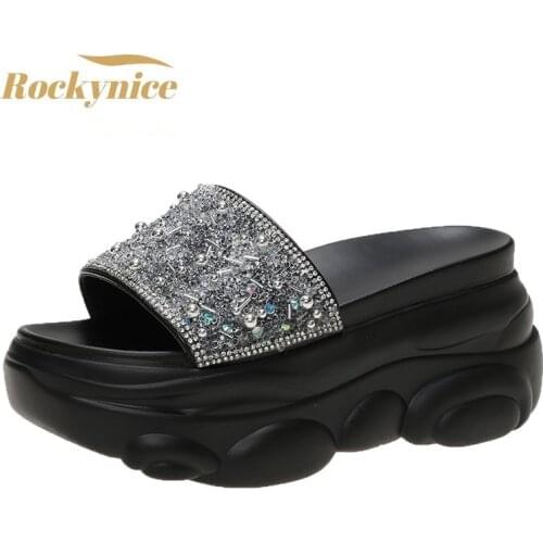 New 2021 Summer Women Bling Slippers Beach Slides Wedge Heel Shoes Woman Platform Flip-Flops Outside Leather Chunky Sandals 8cm