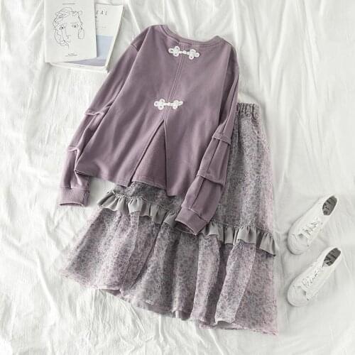 2 Pieces Women Skirts Sets Autumn New 2021 O-Neck Sweatshirts And Ruffles Mesh Floral Fashion Female Clothing Suits Top Quality