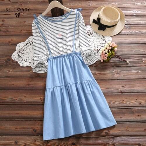 2019 Mori Girl Spring Autumn Women Cotton Linen Dress Striped Patchwork Sweet Mujer Vestidos Fake Two Pieces Female Dress