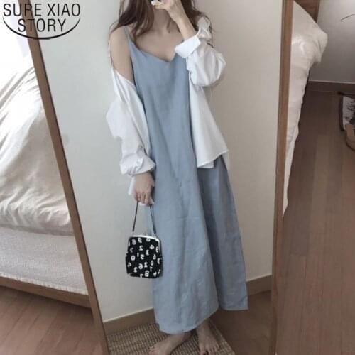 Women Dress Korean Style Chic Strap Halter Cotton and Linen V-neck Sleeveless Solid Loose Cool Summer 2021 Long Dress 10056