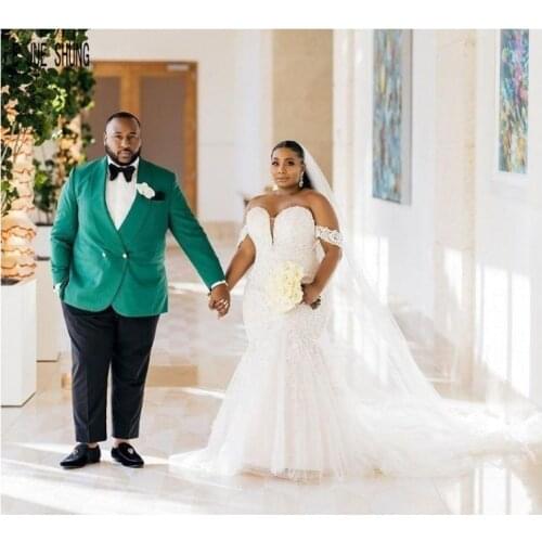 E JUE SHUNG Luxury Black Women Wedding Dresses Off Shoulder Appliques African Mermaid Bridal Gowns With Beaded Vestidos De Novia