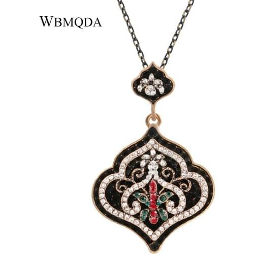 2018 Hot Vintage Black Enamel Crystal Pendant Necklace Ethnic Big Statement Necklace Women Antique Gold Accessories Boho Jewelry