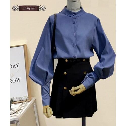 2020 Women Fashion Long Sleeve Stand Vintage Tops Blue Elegant Office Lady Work Formal Button Shirts Blouses E2023