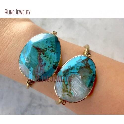 Boho Chic Open Gold Bangle Blue Brown Ocean Jaspers Sea Sediment Jaspers Bracelet Cuff BM27739