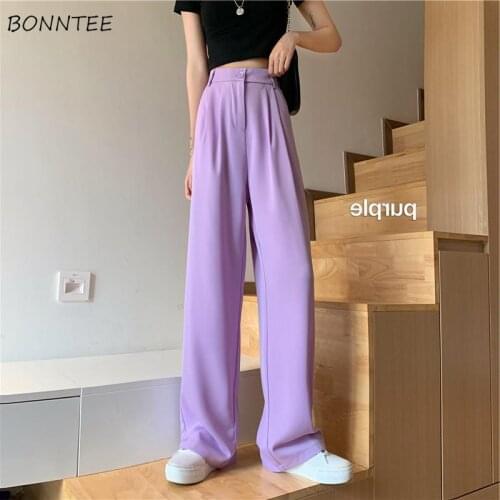 Casual Pants Women Solid High Waist Purple Pockets Soft Straight Simple Basic Chic Korean Style All-match Daily Spring Hot Sale
