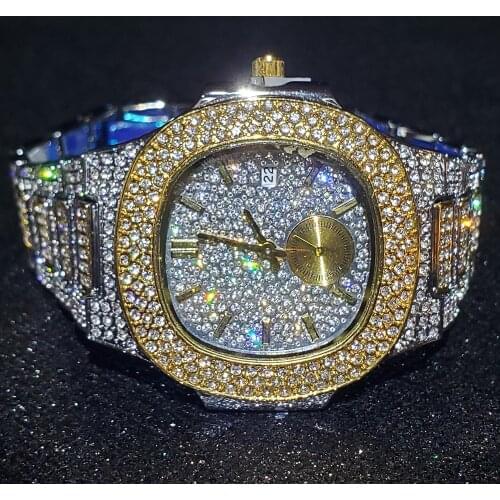 Hip Hop MISSFOX Chronograph Big Dial Fully Iced Out Men Watches Stainless Steel Fashion Luxury Watch Diamond Quartz Wristwatches