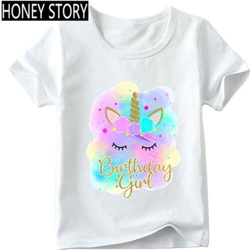 Happy Birthday Girl Unicorn Face Cartoon Print T-shirt Children Summer Short Sleeve Tops Kids Funny Present Baby T shirt