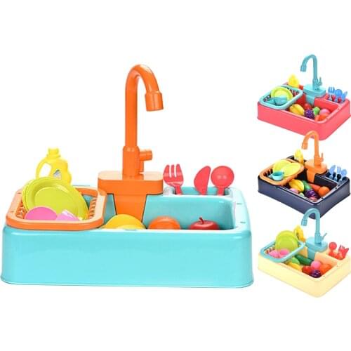 Children Pretend Kitchen Sink Toy Set Cut Vegetables Games with Simulated Water Tap Kitchenware Wash Up Tap Water Toys Role Play