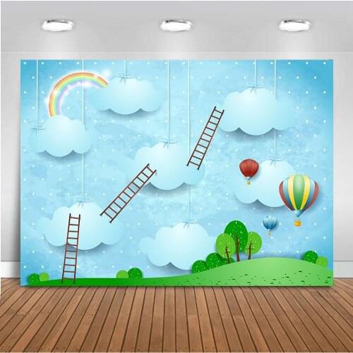 Newborn Baby Shower Backdrop for Photography Blue Sky Cartoon Background for Party Decoration Supplies Hot Air Balloons Rainbow