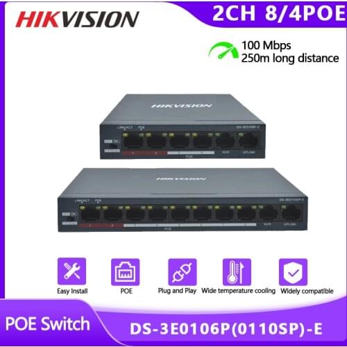 Hikvision 100Mbps Fast Ethernet Unmanaged POE Switch DS-3E0106P-E(4POE+2CH) And DS-3E0110SP-E (8POE+2CH) RJ45 Port DC 48V Camera