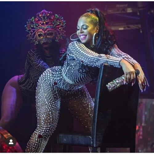 Sparkly Rhinestones Jumpsuit Pearls Crystals Spandex Rompers Women Party Celebrity Birthday Outfit Stage Costume Nightclub Wear