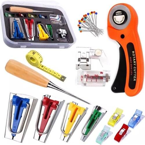 KAOBUY 62PCS Bias Tape Makers Set With Binder Foot, Quilting Clips, Awl, Tape Measure, Fabric Cutter, Practical Set