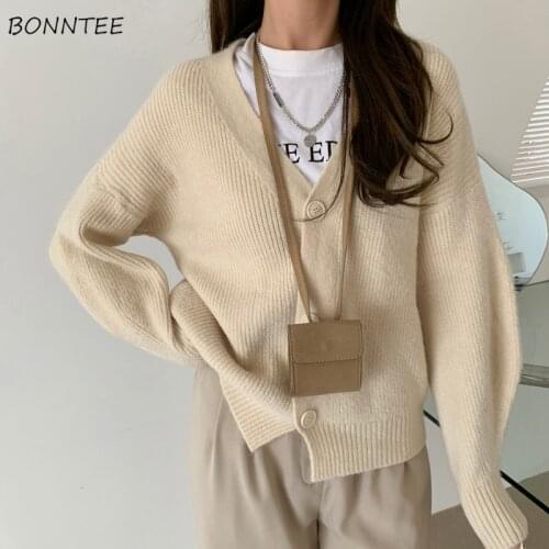 Cardigan Women V-neck Full Sleeve Solid Button Fly Knitting Lazy Basic Ulzzang Leisure Loose Fashion Outwear Daily All-match New