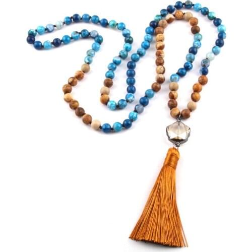 MOODPC New ! 108 Beads Mala Natural Stone Knotted Crystal Link Thread Tassel Charm Pendant Necklace Meditation Yoga Necklace
