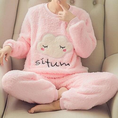 2021 New Autumn Winter Warm Flannel Pyjamas Sets Women Thick Velvet Long Sleeve Cartoon Sleepwear Sets Girl Lounge Wear Homewear
