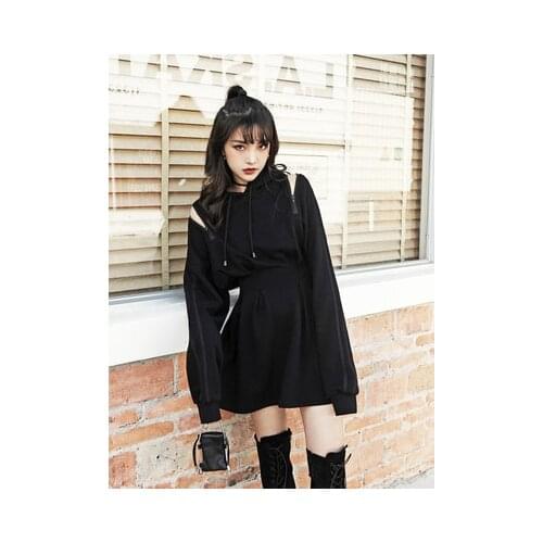 Ruibbit New Autumn Winter Women Gothic Girls Punk Mini dress High quality Long sleeve Hat collar sexy Black dresses Fashion