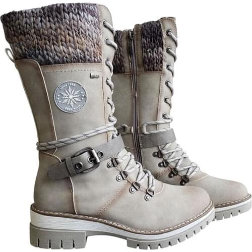 New Women Mid Height Leather Boots Warm Winter Boots with Side Zipper knitted mid-high womens boots wool stitching Marti boots
