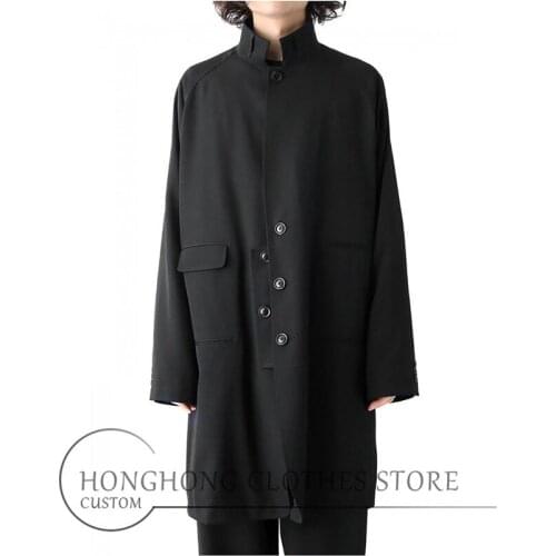 The new mens trench coat black department design ultra loose stand collar mens oversize mens coat