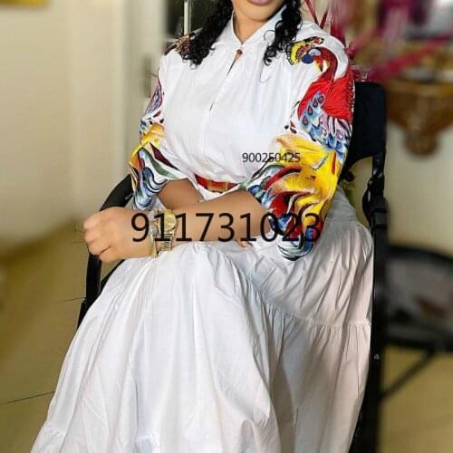 Autumn New Arrival 2021 African Women V-neck Printing Plus Size White Dress African Dresses for Women African Clothing