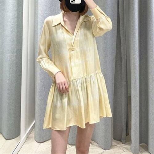 Womens yellow tie-dye style dress cascading ruffled V-neck French brand elegant party long-sleeved dress female