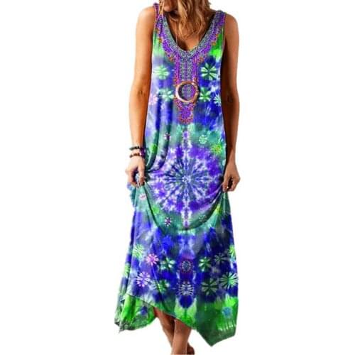 Plus Size Dress Women Bohemian Sundress Sleeveless Ethnic Print V Neck Large Hem Loose Maxi Dress Beach Party Summer Women Dress