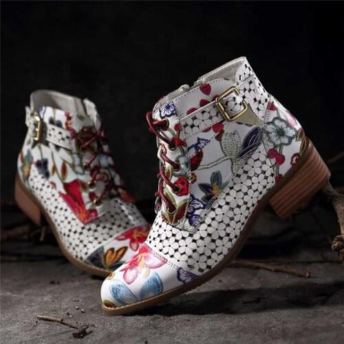 Retro Bohemian Women Boots Printed Genuine Leather Ankle Boots Vintage Motorcycle Booties Ladies Shoes Woman 2020