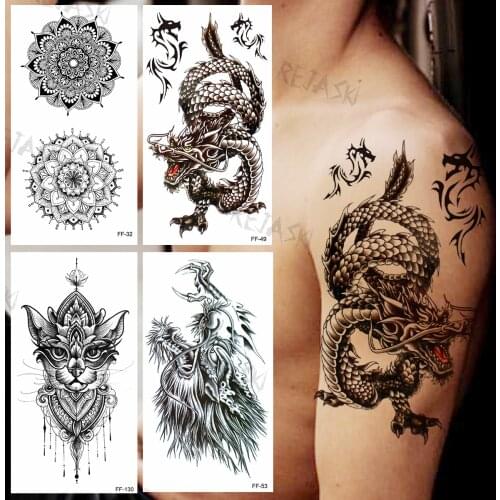 Black Dragon Temporary Tattoos For Men Adults Realistic Mandala Armband Lion Fake Tattoo Sticker Pendant Arm Body Tattoos