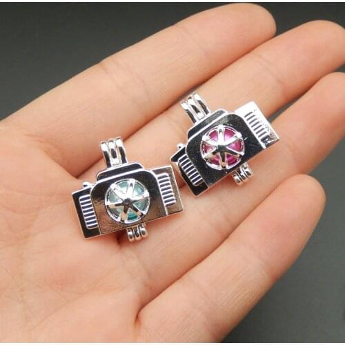 10pcs bright silver camera pearl cage necklace pendant, aroma oil diffuser adds your own pearl, stone makes it more attractive