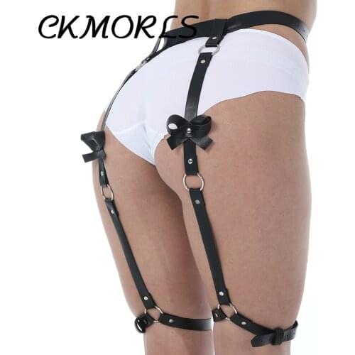 Female Bow Leather Harness Adjustable Leg Harness Leash Straps BDSM Bondage Garter Belts Sexy Underwear Porno Strapon Harness