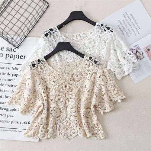 Women Casual Beach Cover Up Crochet Sexy Hollow Out Crop Tops T-Shirt Summer Swimwear Fashion Beach Wear Pullover T shirt Femme